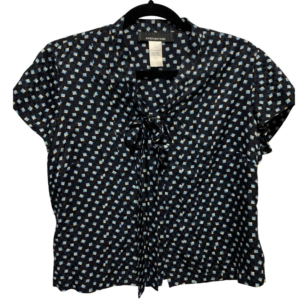 Jones New York Silk Geometric Print Short Sleeve Tie Neck Blouse Skirt Set 8